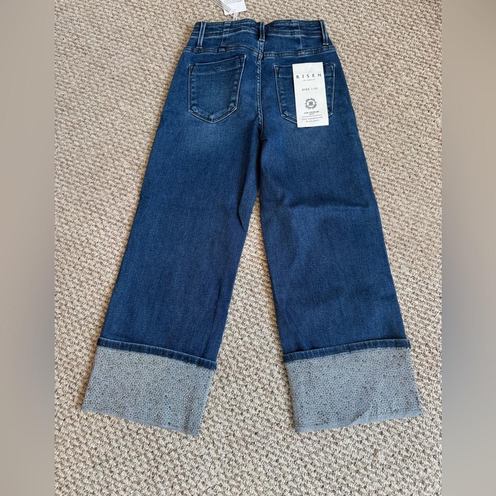 Cropped Rhinestone Cuff Risen Denim Jeans - Picture 4 of 5